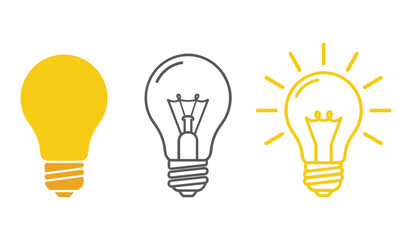 Three light bulb icons in yellow and gray on white background idea innovation