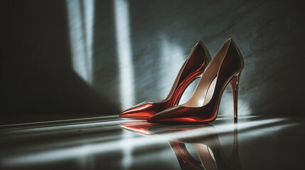 Elegant high-heeled shoes placed on glossy surface with dramatic lighting, minimalist studio background, luxury fashion concept
