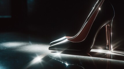 Elegant high-heeled shoes placed on glossy surface with dramatic lighting, minimalist studio background, luxury fashion concept
