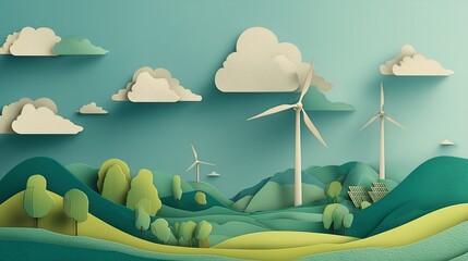 Paper cut-style illustration of wind turbines, solar panels, and green hills, eco-friendly energy concept, soft shadows, pastel colors
