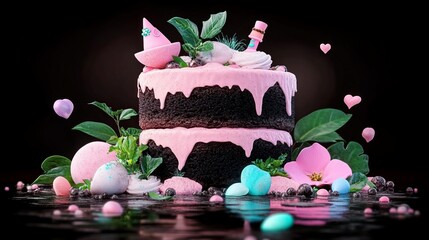 Two-tiered chocolate cake is decorated with pink frosting and various playful elements against a dark background.