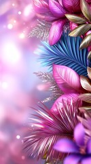 Vaporwave botanical design displays vibrant stylized leaves in shades of pink, blue, and gold with a soft pastel gradient background.