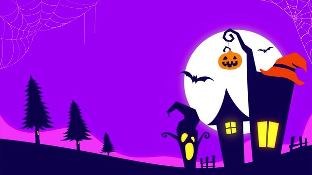 A fun Halloween animation featuring a haunted house, bats, pumpkins, and a full moon, creating a spooky yet cheerful atmosphere. Perfect for party videos, motion graphics, and seasonal projects.