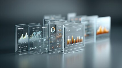 Transparent Holographic Screens Displaying Data Analytics Dashboards with Charts, Graphs, and Global Metrics, Representing Business Intelligence, Futuristic Technology