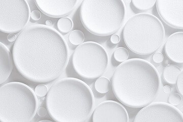 A futuristic flat elevation with circular relief shapes in white, glowing bright overexposed tones, shallow embossed 3D look.