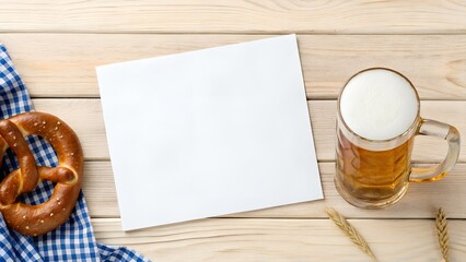 Overhead Shot with Clear Beer Mug Pretzel Blue Gingham Cloth Blank Card on Wooden Planks