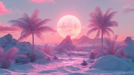 Vaporwave landscape features pink palm trees and distant mountains under a bright spherical sunset.