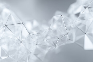 A futuristic white background with floating polygon objects, tech-inspired network blurred softly behind.
