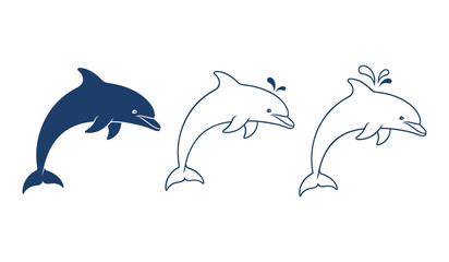 Three navy blue dolphins one solid silhouette two outlines with water splashes vector