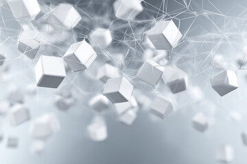 A futuristic white background with floating polygon objects, tech-inspired network blurred softly behind.
