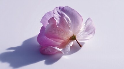 Obraz premium Delicate Pink Flower Petal with Soft Gradient Hues Resting on Clean White Background, Showcasing Elegant Texture, Gentle Lighting, and Distinct Shadow, Ideal for Wallpaper, Art, and Nature