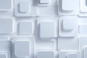 A minimal futuristic pattern of embossed white squares, viewed flat with glowing overexposed tones, shallow 2.5D depth.
