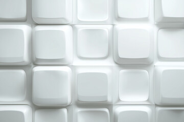 A minimal futuristic pattern of embossed white squares, viewed flat with glowing overexposed tones, shallow 2.5D depth.

