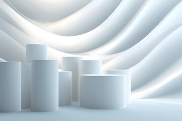 A futuristic flat elevation with circular relief shapes in white, glowing bright overexposed tones, shallow embossed 3D look.
