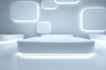 A futuristic minimal composition with floating white objects glowing with neon edges, background softly blurred.