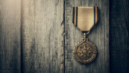 Tarnished Gold Medal Hanging on Aged Wooden Planks in Horizontal Orientation with Soft Lighting