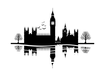 Naklejka premium London's iconic skyline featuring Big Ben and Houses of Parliament, with a touch of nature and reflection, creating a captivating silhouette design