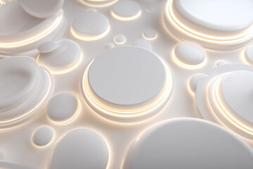 A futuristic minimal composition with floating white objects glowing with neon edges, background softly blurred.