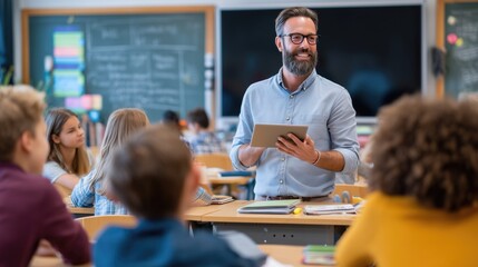 Male Teacher Using Tablet to Teach Students in Classroom with Chalkboard, Representing Modern Education, Learning, and Technology Integration in School Environment