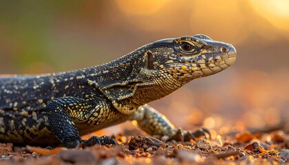 Obraz premium Close-up of a lizard basking in the sun on the ground.