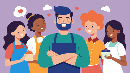 Fototapeta premium In a group of friends a man voices his love for cooking and baking defying the stereotype that only women should enjoy domestic tasks.. Vector illustration
