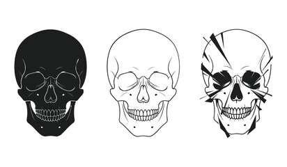 Three skulls in black and white line art and silhouette styles human skull