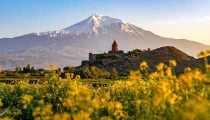Majestic snow-capped mountain towers above an ancient stone structure situated on a hilltop, with vibrant yellow flowers in the foreground under a sunrise