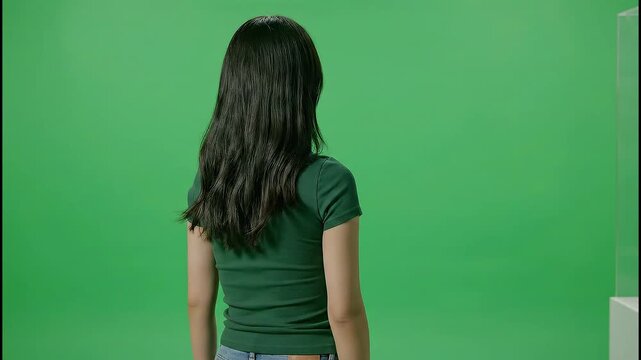 Young woman on green screen adjusting her t-shirt, showcasing casual style versatility for various