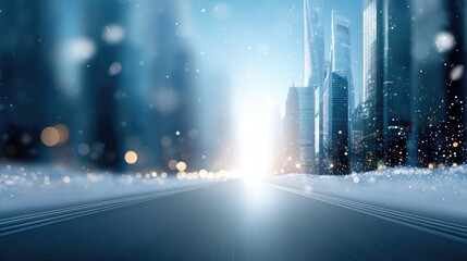 Snowy cityscape with bright light at the end of a deserted street in winter, showcasing modern buildings and peaceful atmosphere