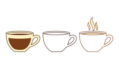 Three stylized coffee cups one filled with dark coffee another empty and one with steam drink beverage