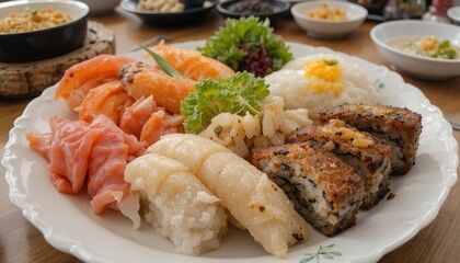 A vibrant Japanese meal set featuring ramen, sushi rolls, grilled meat with rice, fresh vegetables, and colorful side dishes, beautifully served in black bowls