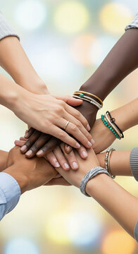 People stacking hands together with different skin tones symbolizing unity and diversity