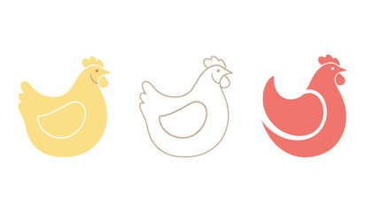 A set of chicken vectors. Three stylized chickens in yellow tan, and coral on a white background. fowl poultry