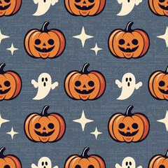 Charming Halloween seamless pattern with cute smiling pumpkins, playful ghosts, and scattered stars on a dusty retro background, whimsical vector design, autumn-themed decor for seasonal projects.