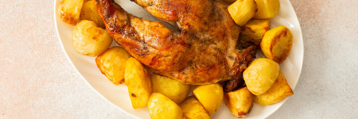 A beautifully presented dish features a whole baked rabbit surrounded by tender, golden-roasted potatoes. This comforting meal is perfect for family gatherings or special occasions, banner