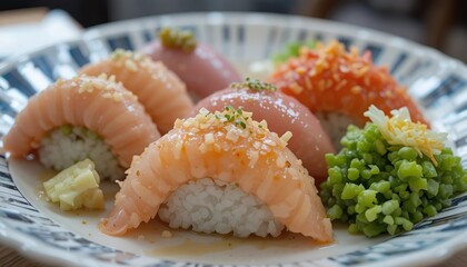 A vibrant Japanese meal set featuring ramen, sushi rolls, grilled meat with rice, fresh vegetables, and colorful side dishes, beautifully served in black bowls