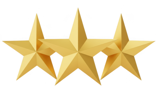 Three polished golden stars arrangement shiny award symbol of achievement and success transparent background