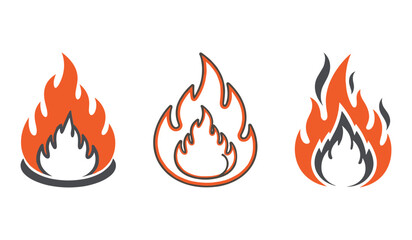 Flame vector set. Three stylized flame icons in orange and gray on white background fire symbol