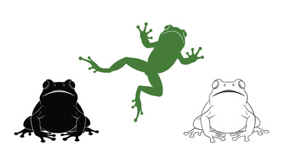 Three stylized frogs one black silhouette one green silhouette one outline amphibian animal
