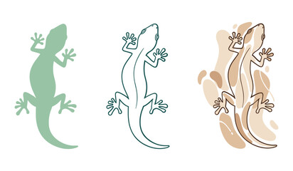 Three stylized geckos in green teal and brown on white background lizard animal