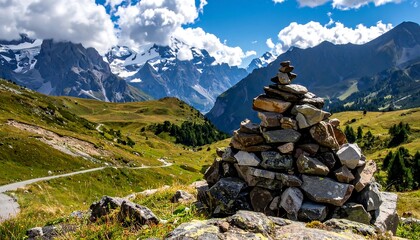 Scenic mountain view featuring a stone cairn, green slopes, winding road, and snowy peaks under a cloudy blue sky