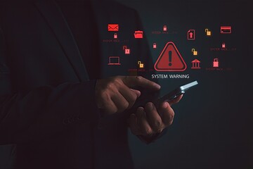 Businessman using smartphone with digital red warning icons and system alert signs,cybersecurity breach and data protection risk concept,hacker threat and online security warning message