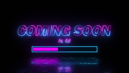 neon coming soon text along a loading bar in blue and pink colour with reflection on black background - Powered by Adobe