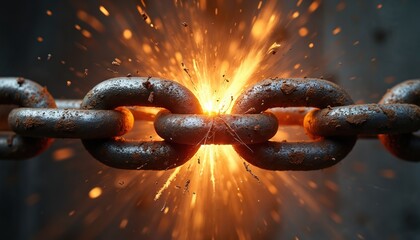 Close-up of rusty metal chain links breaking apart. Bright orange sparks fly as the connection fails under immense strain. Symbolizes failure, stress, and loss of strength.