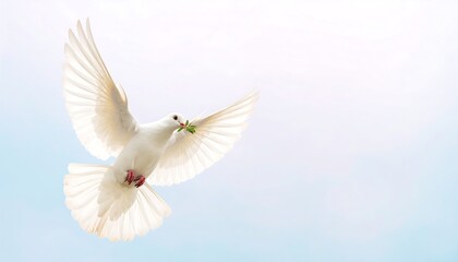 White dove in flight, holding sprig