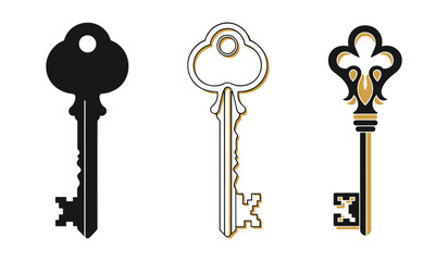 Three stylized keys black and gold on white background antique key vintage key