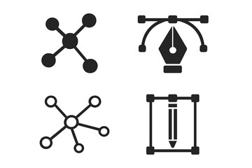 Graphic design icon set. Vector pen tool with anchor points. Bezier curve. Pencil draw symbol. Network connection, hub, communication, technology concept. Isolated elements.