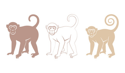 Three stylized monkeys in muted brown and beige tones on a white background primate animal