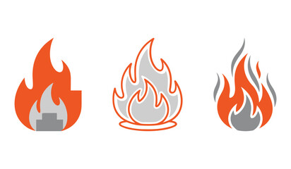 Three stylized orange and gray flame icons on a white background. fire symbol, icon