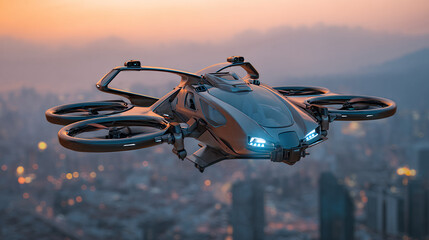 Fototapeta premium Futuristic Drone Flying Over City